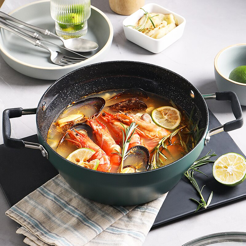 Dark Green Multifunctional Cooking Pot with Frying Pan and Wooden Spatula