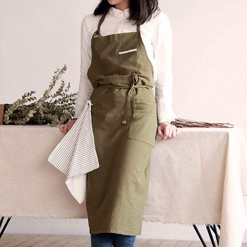 Solid Linen Bib Apron with Pockets for Cafe Barista