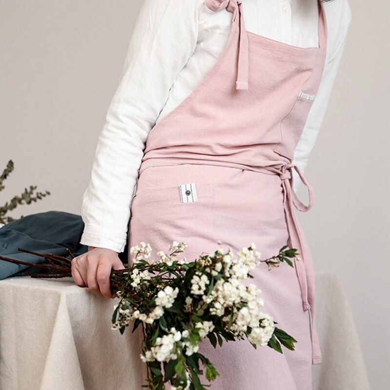 Solid Linen Bib Apron with Pockets for Cafe Barista