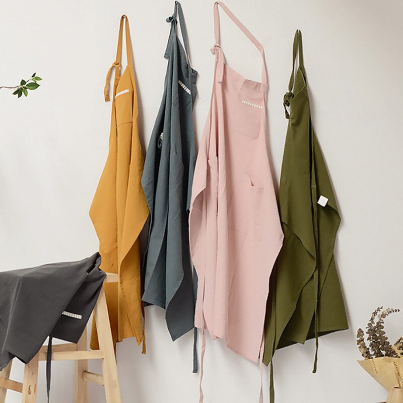 Solid Linen Bib Apron with Pockets for Cafe Barista