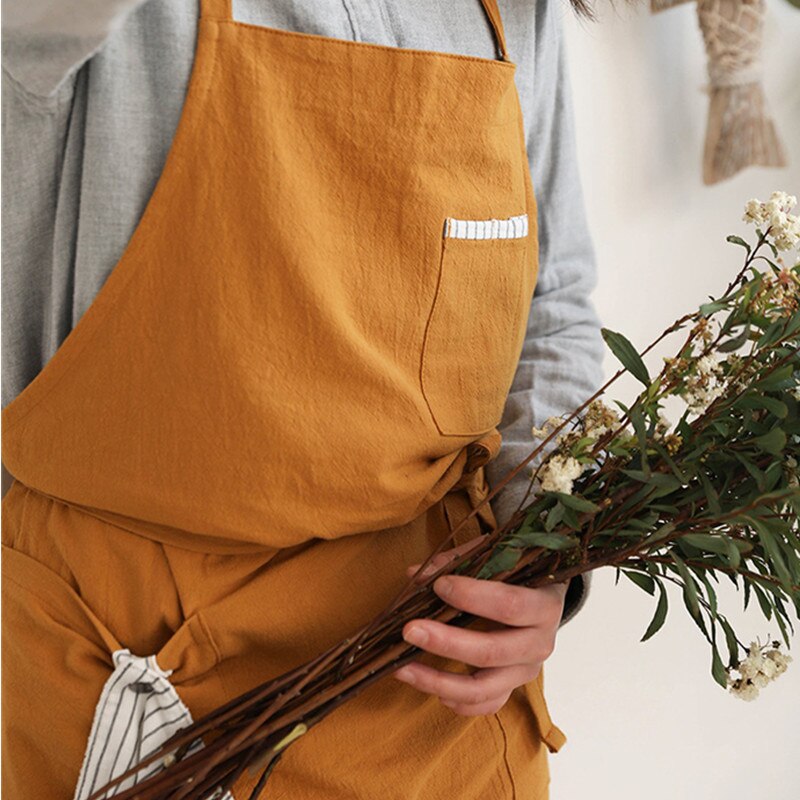 Solid Linen Bib Apron with Pockets for Cafe Barista