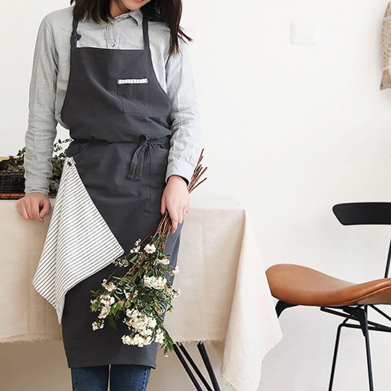 Solid Linen Bib Apron with Pockets for Cafe Barista